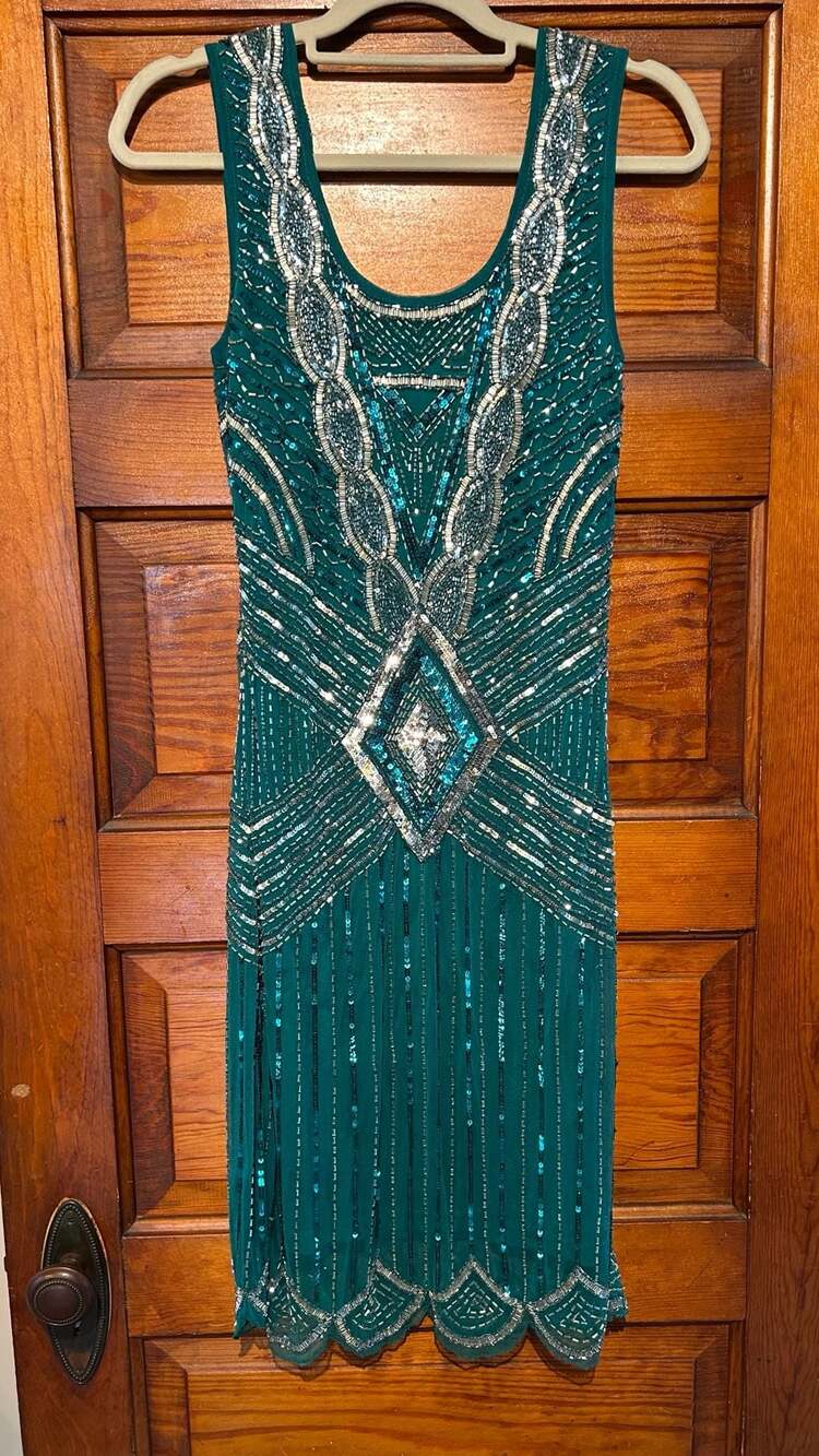 Frock and Frill 1920s Art Deco Style Green Beaded Sequin Flapper Dress